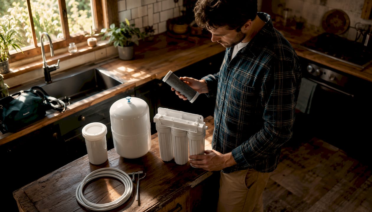 Un homme examine et compare différents modèles de filtres à eau dans sa cuisine, cherchant celui qui conviendra le mieux à ses besoins.