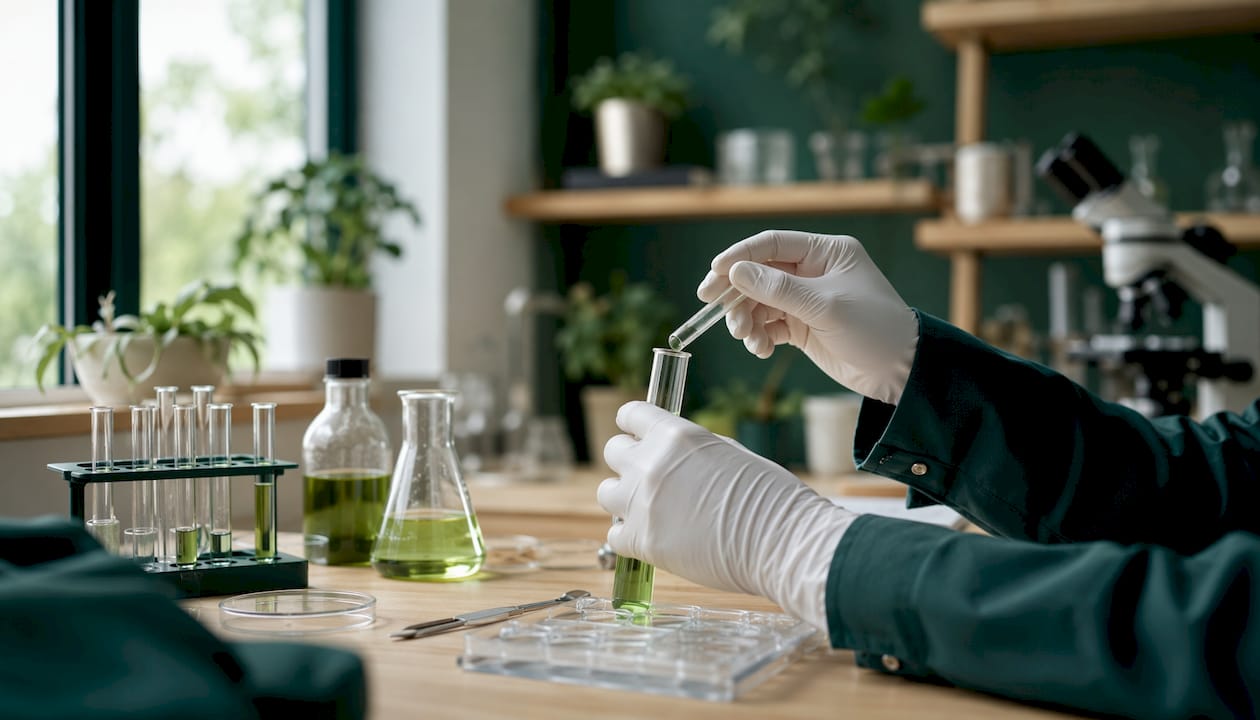 Des échantillons d’eau potentiellement contaminée par les PFAS sont manipulés avec des gants pour garantir la sécurité.