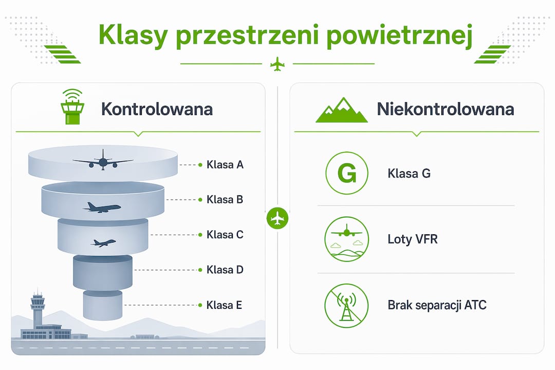 Grafika przedstawiająca, jak dzielą się klasy przestrzeni powietrznej na strefy kontrolowane oraz niekontrolowane.