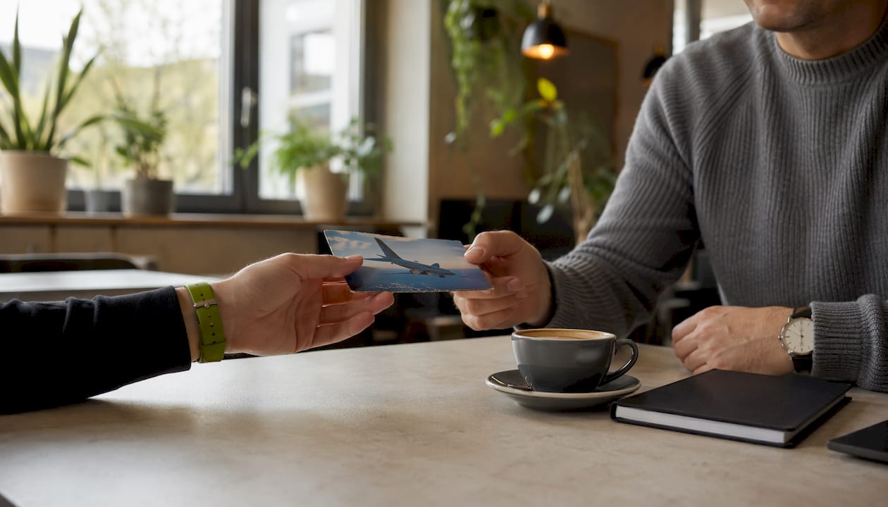 Pracownik wręcza voucher na lot przy biurku w firmie.