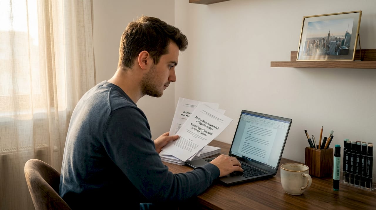 Un student scrie un text în română la biroul său de acasă.