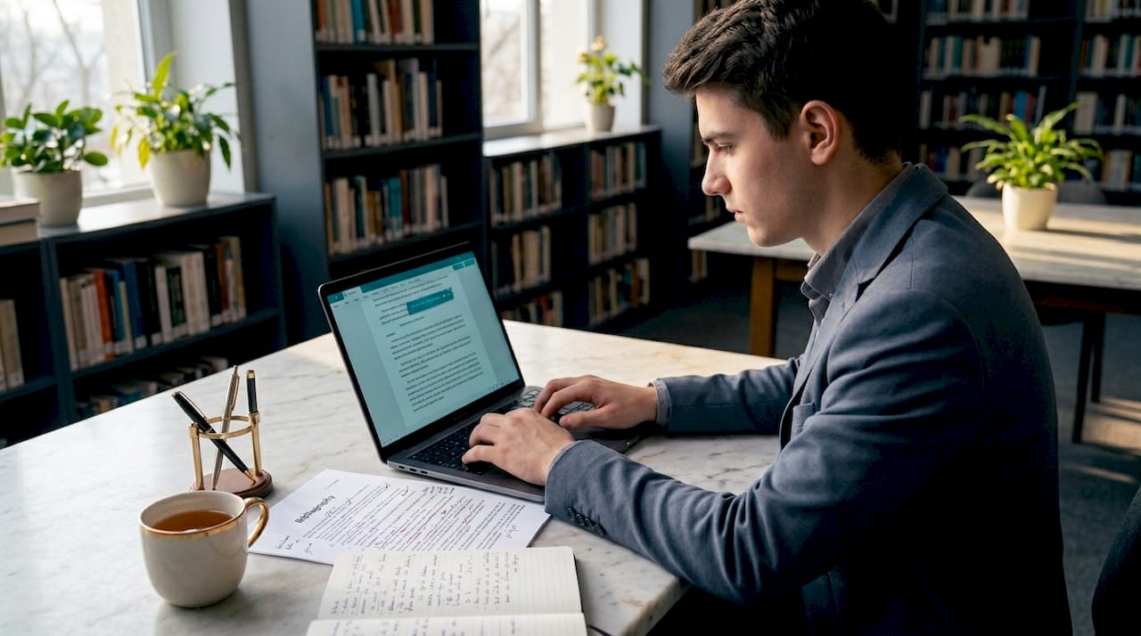 Un student își revizuiește bibliografia pe laptop, savurând o cafea într-o cafenea.