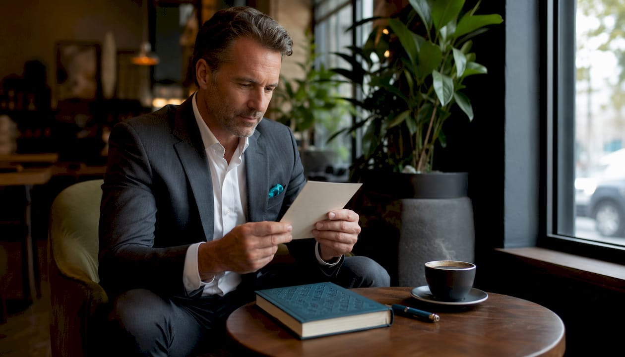 Man reading formal graduation invitation at desk