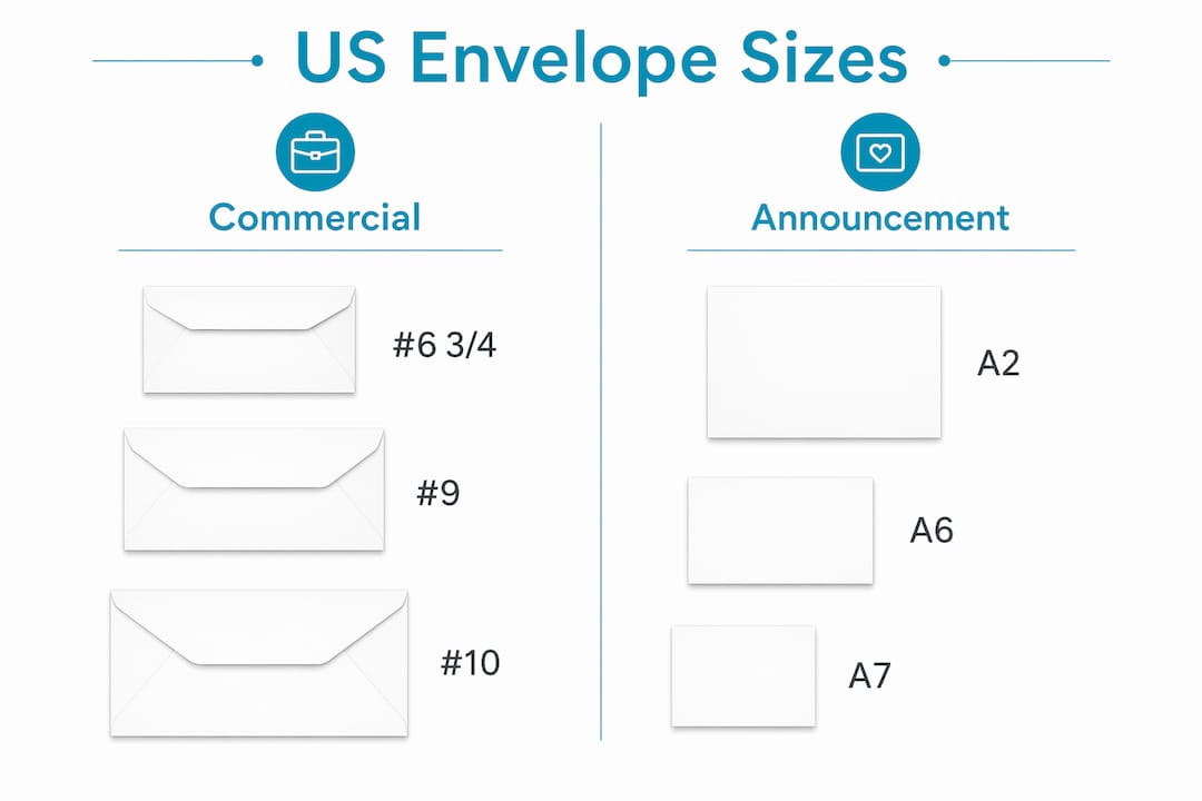 Infographic comparing common US envelope sizes