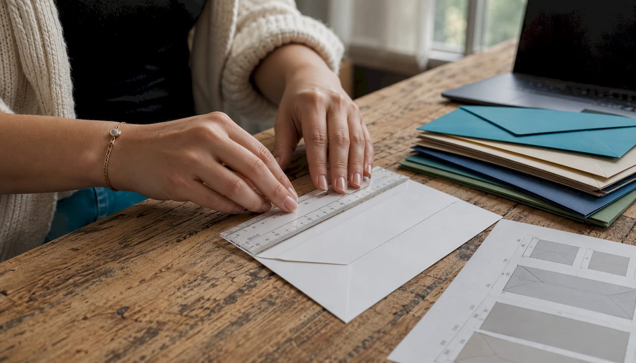Hand measuring common US envelope size with ruler