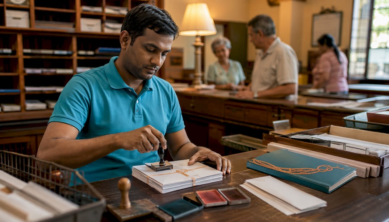 Postal clerk hand-canceling wedding invitations