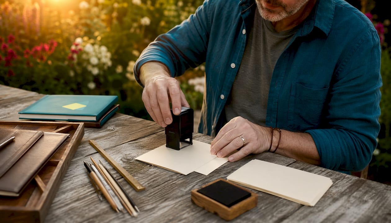 Close-up of hands stamping personalized stationery