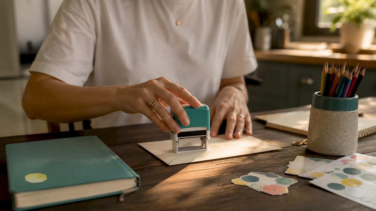 Hands stamping envelope with self-inking stamp