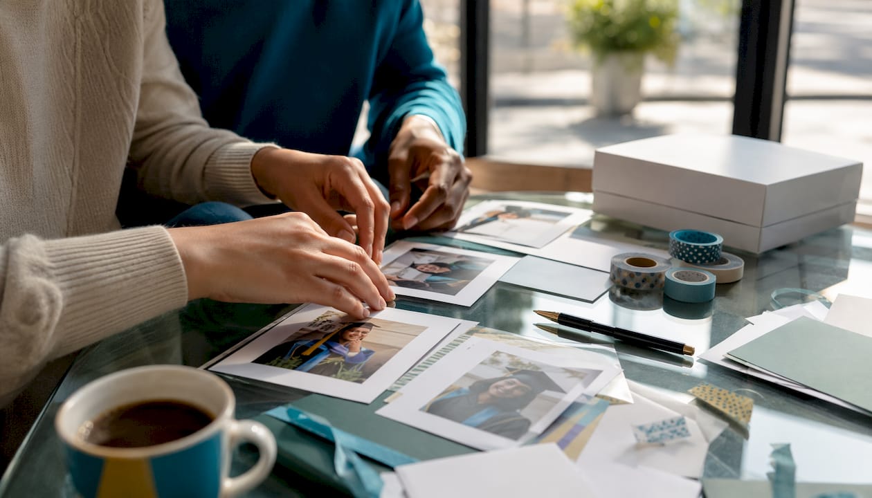 Close-up of hands personalizing graduation announcements