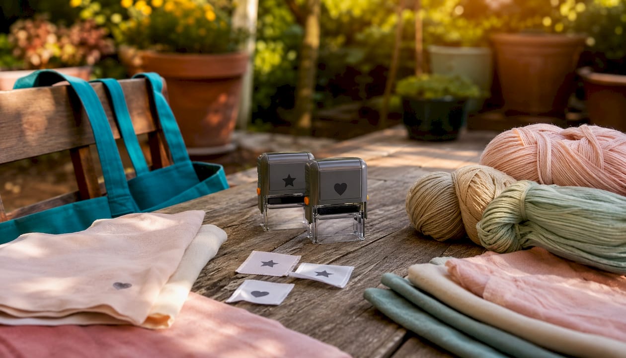 Fabric labeling stamps on craft table