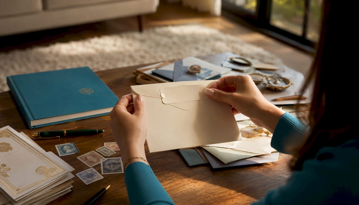 Hands placing return address label on invitation envelope