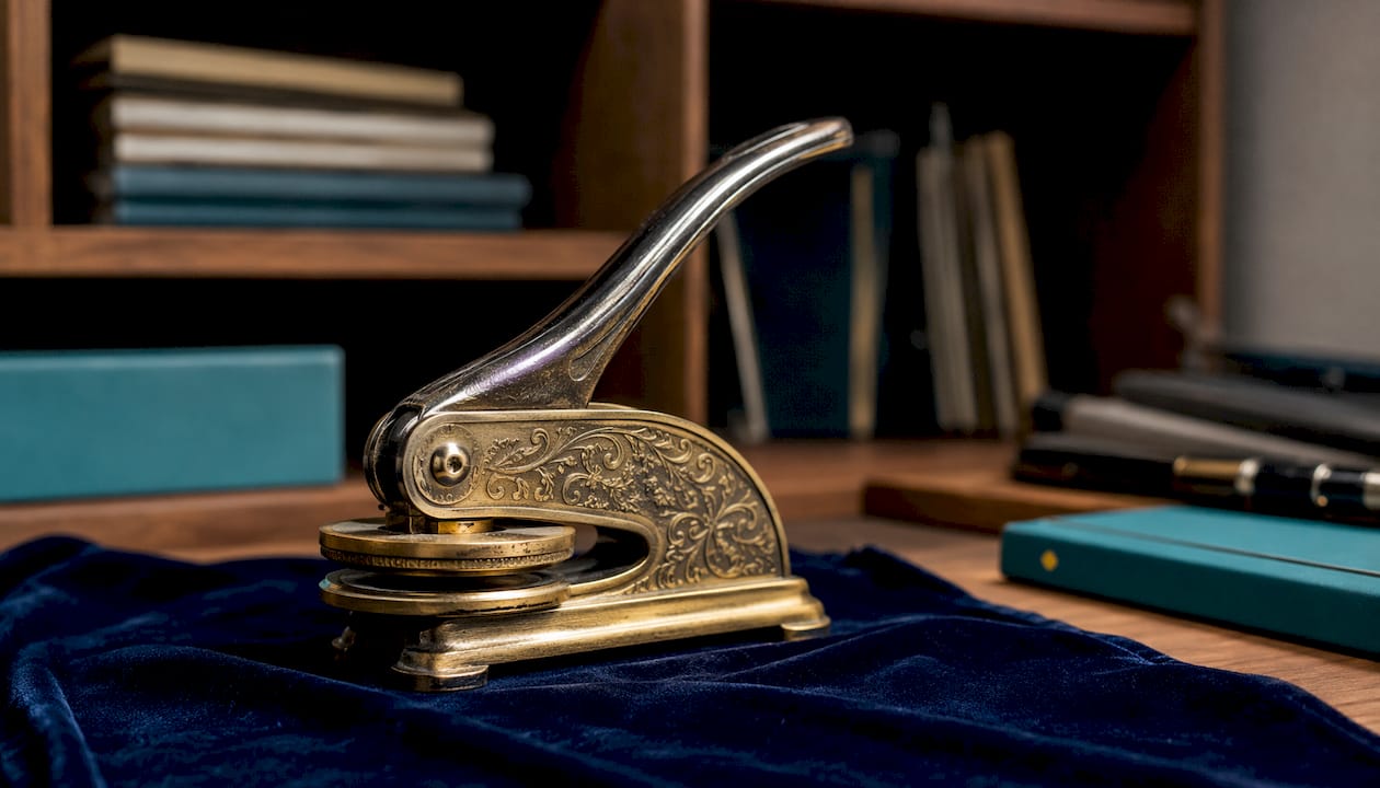 Close-up of brass book embosser and handle