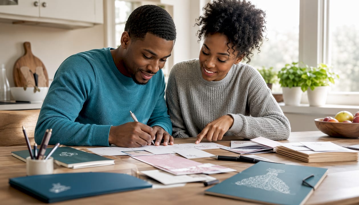 Couple collaboratively writing wedding invitations