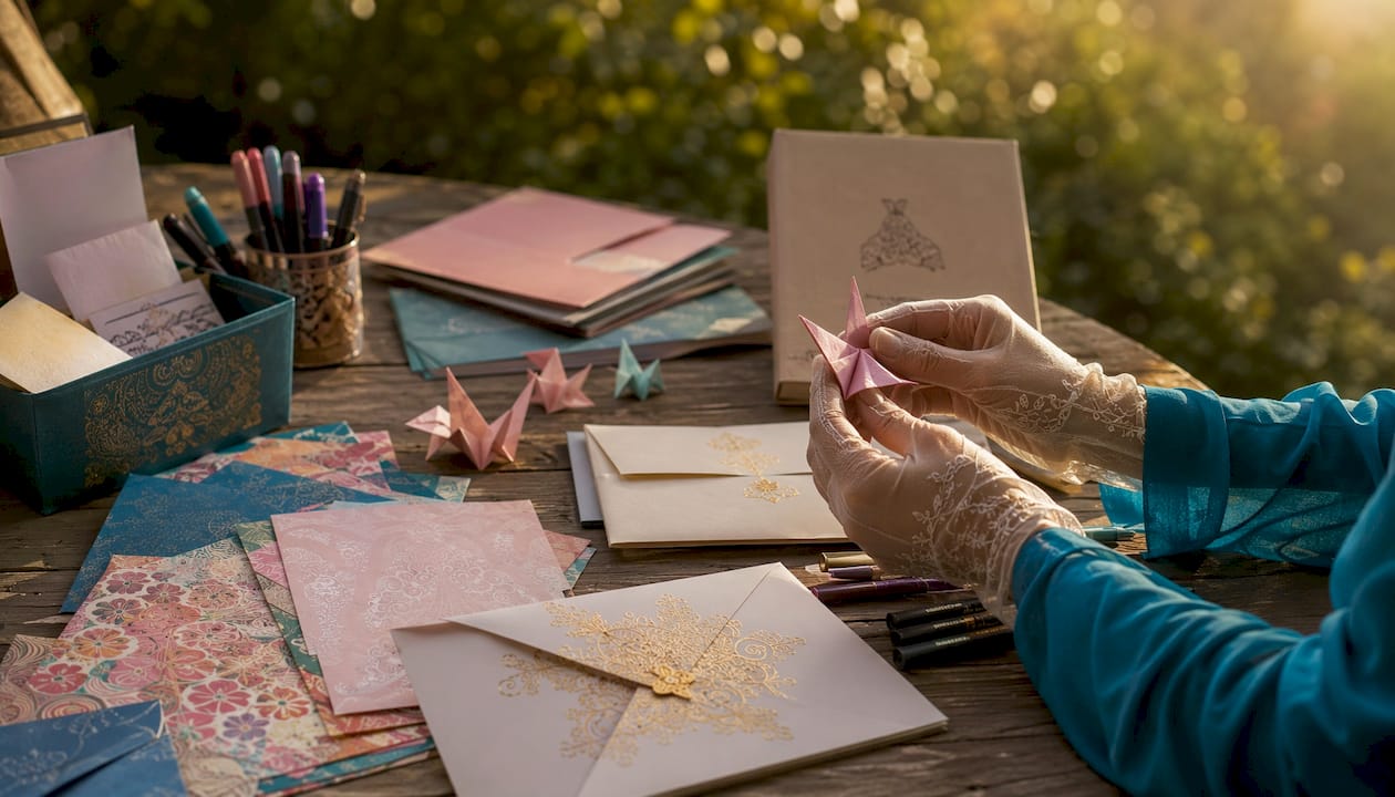 Traditional Japanese wedding invitation crafting scene