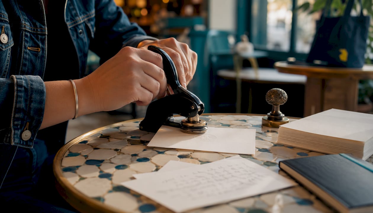 Hands embossing note card with traditional stamper