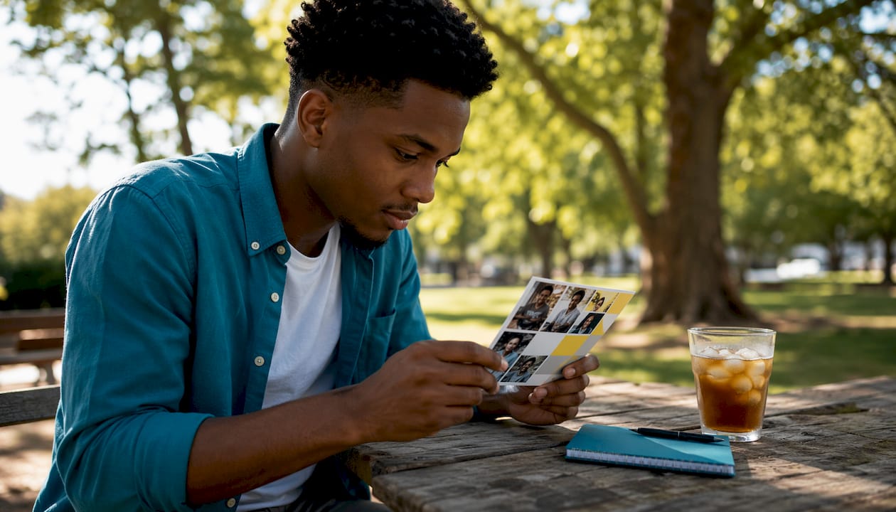 Man examining photo collage style graduation invitation