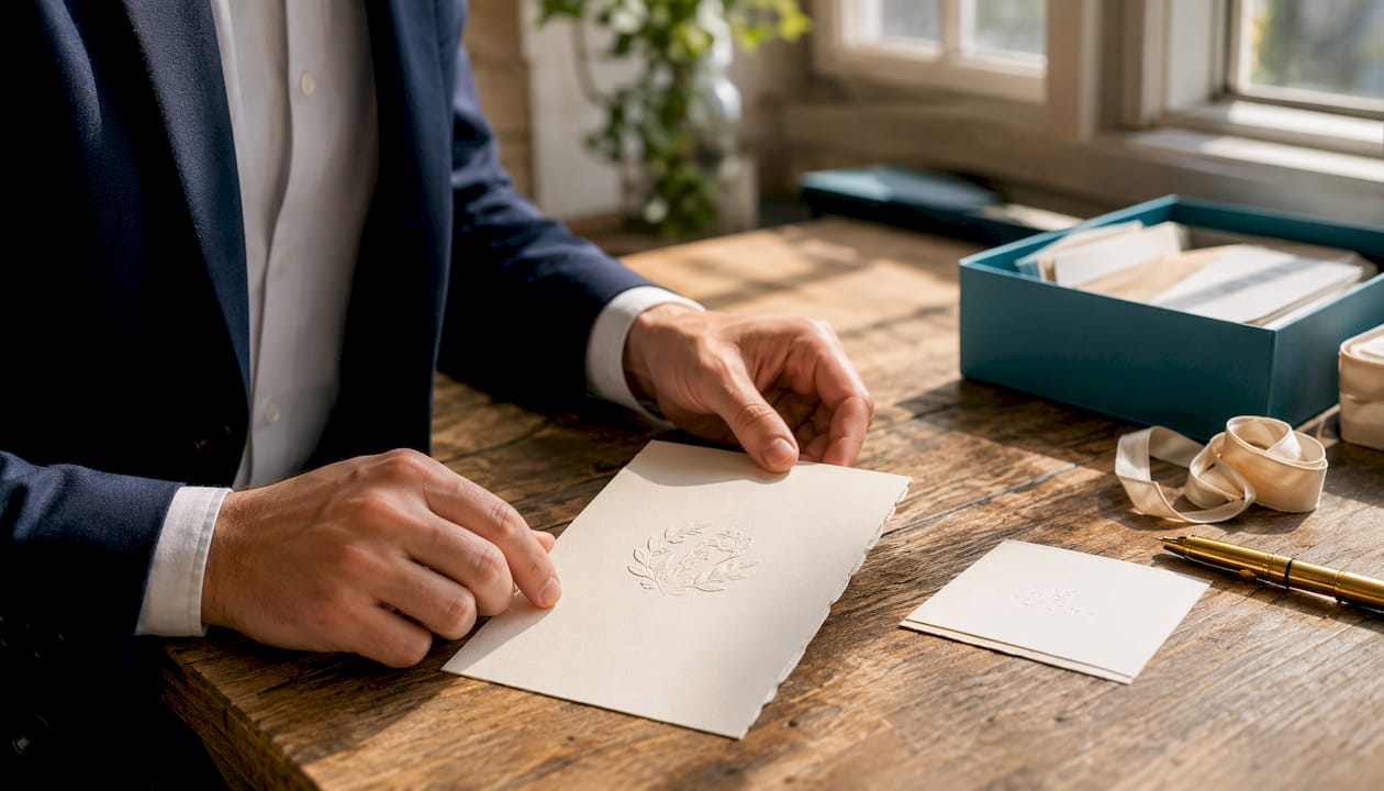 Hands arranging formal wedding stationery