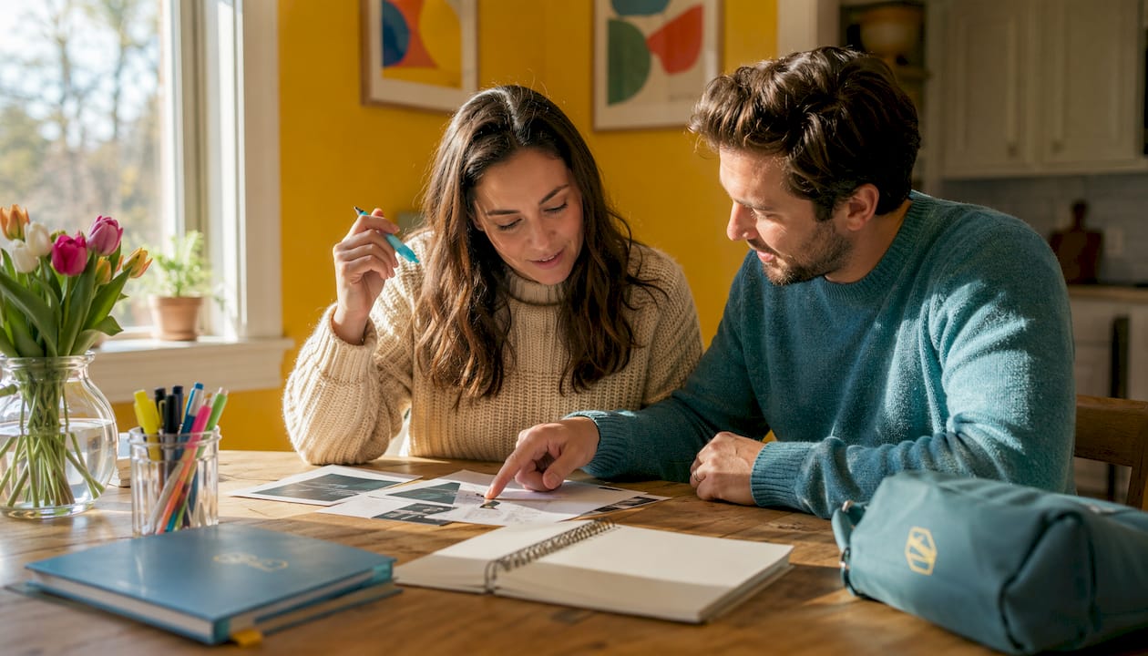 Couple reviewing wedding invitation wording at home