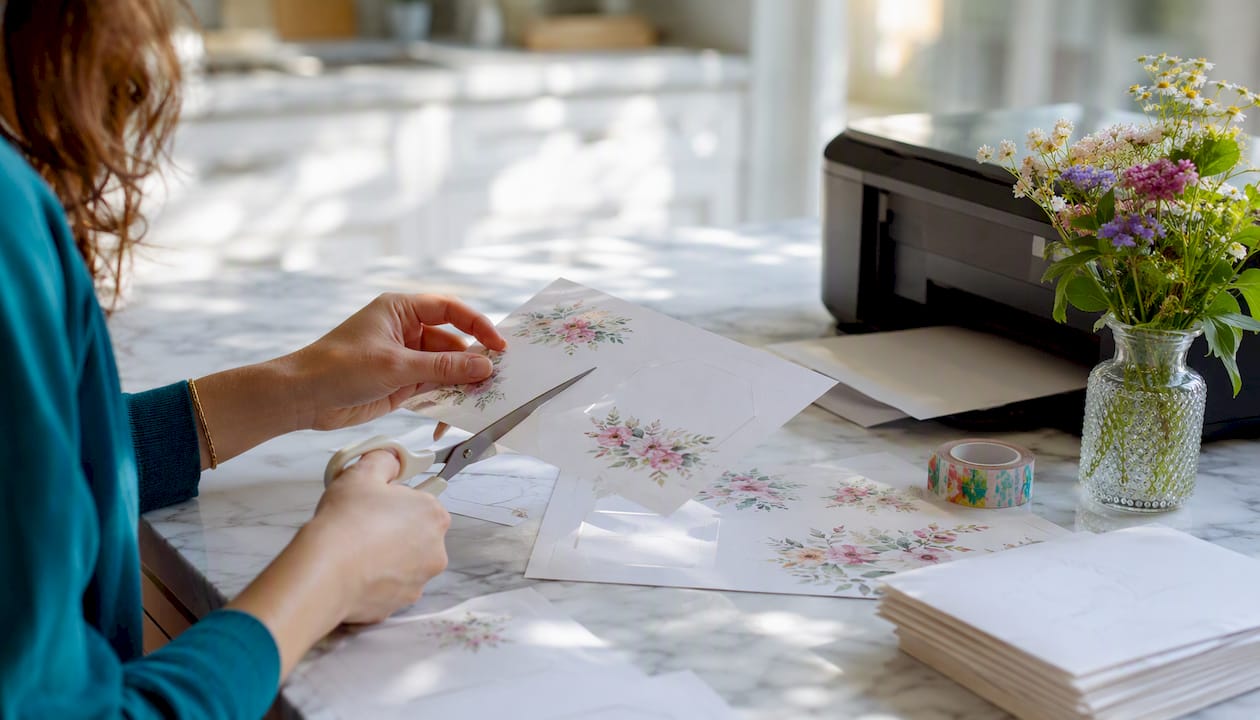 Hands cutting DIY bridal invitations