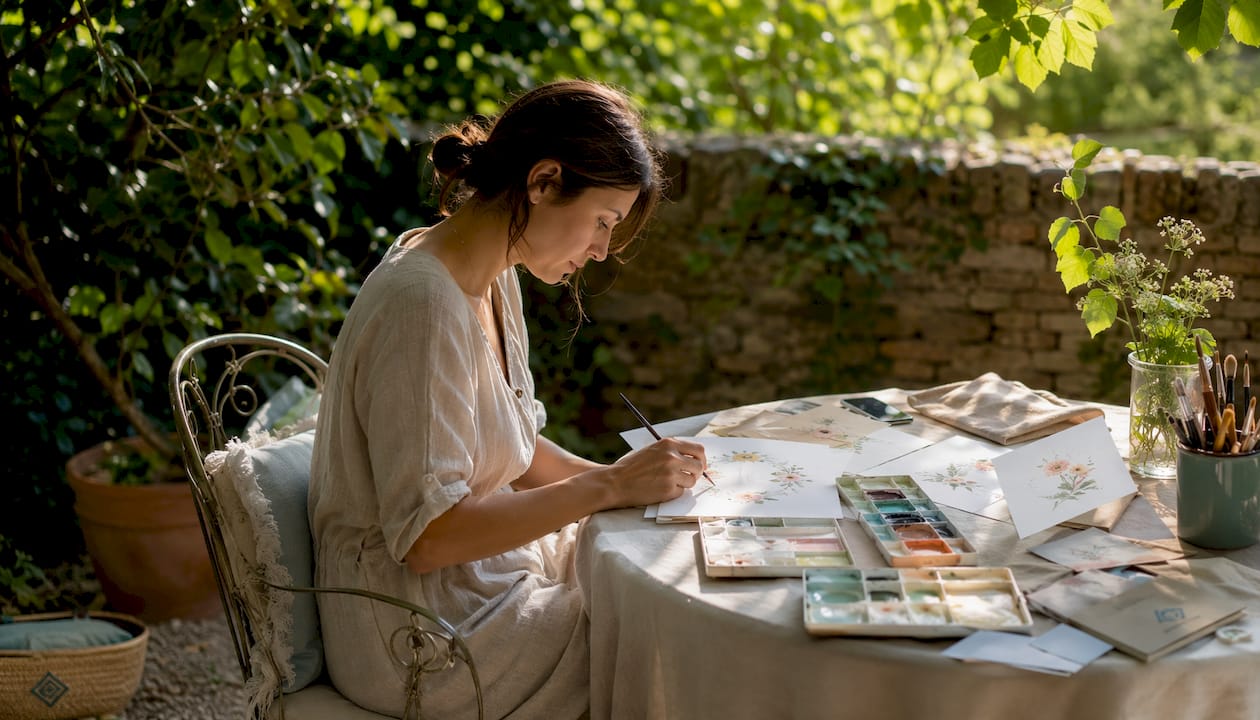 Artist painting floral bridal invitations