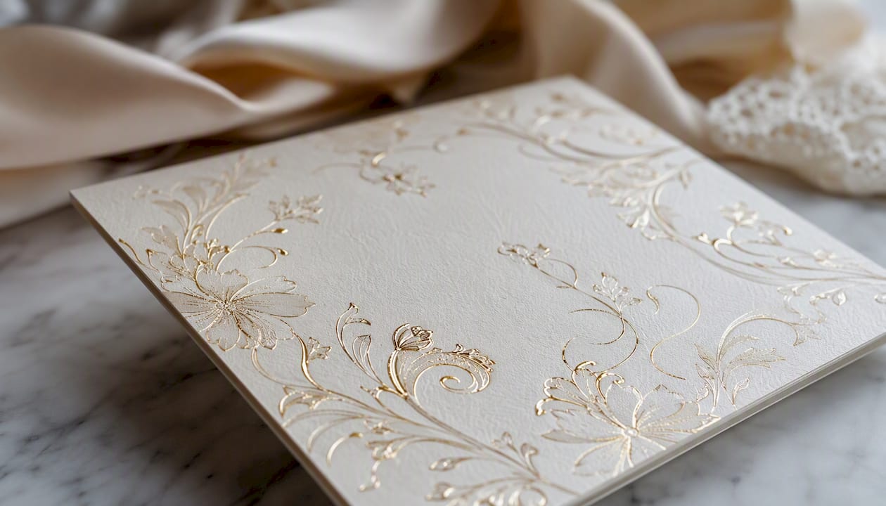 Close-up of luxury hot foil stamped wedding invitation