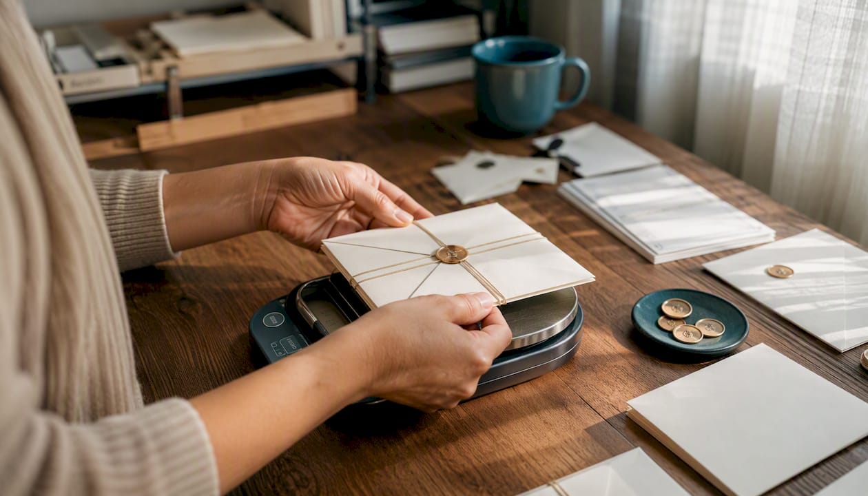 Hands weighing wedding invitation on postal scale