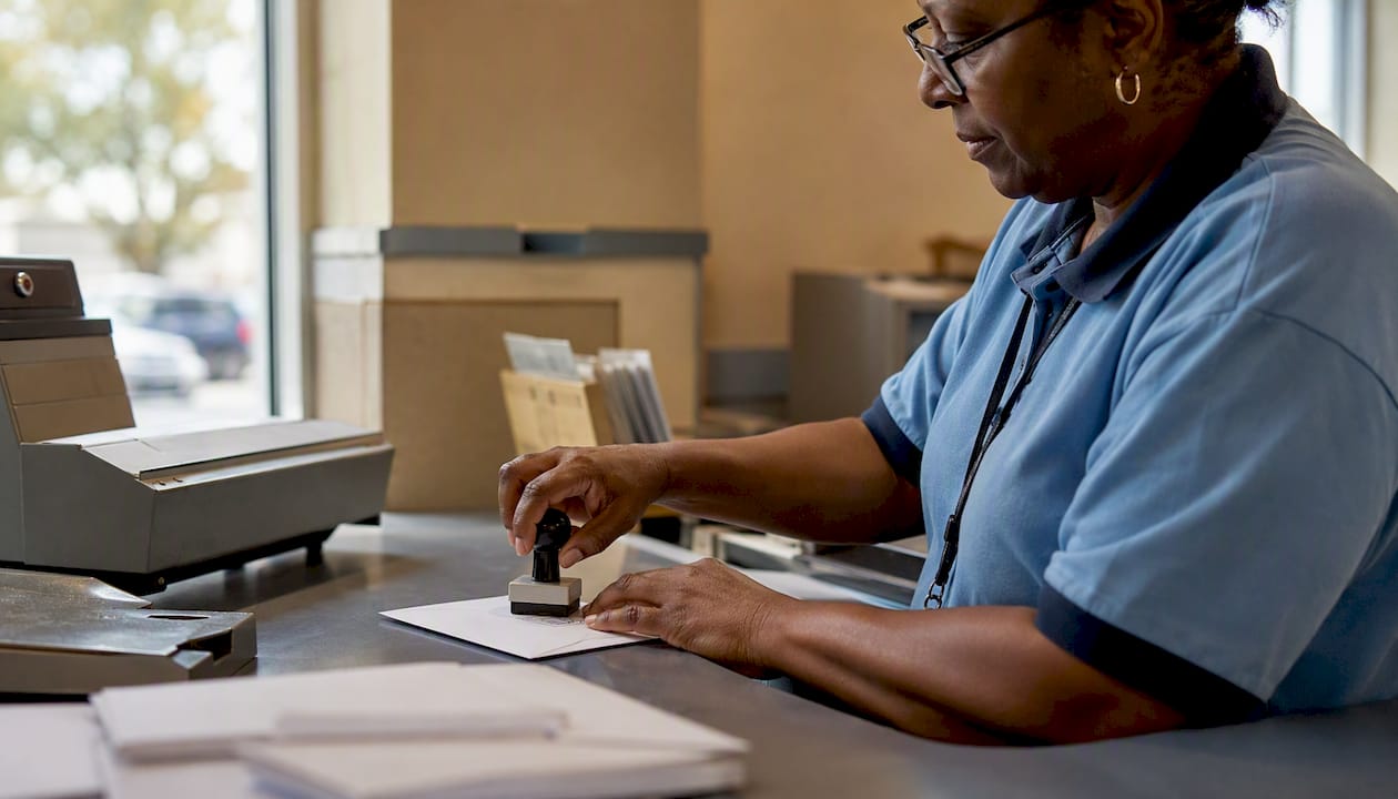 Clerk marking postage and weight on wedding envelope