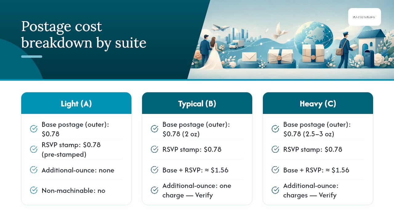 Diagram comparing postage costs of different wedding invitation suites