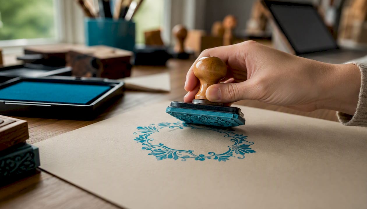 Ornamental stamp impression with pigment ink detail