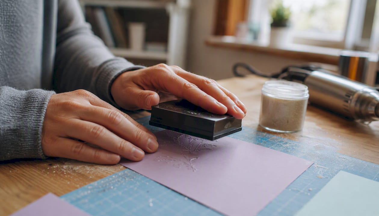 Hand stamping with embossing pad and embossing powder nearby