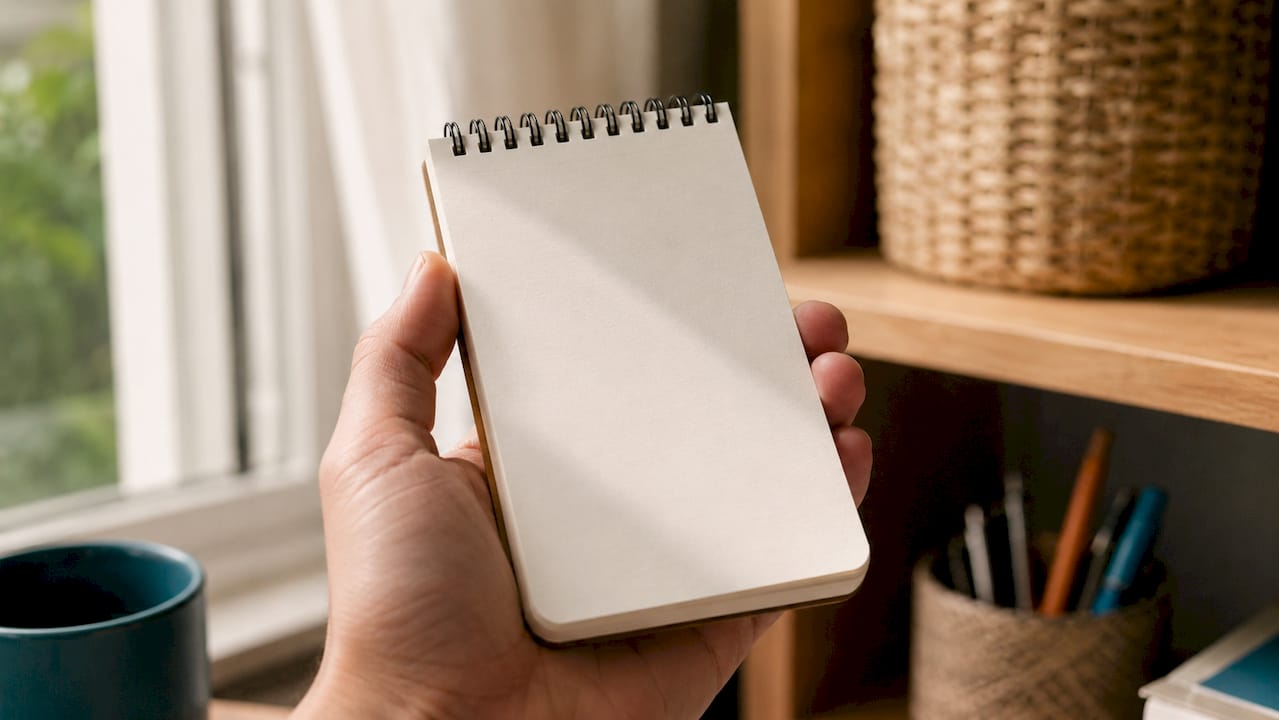 Hand holding small pocket notepad showing size