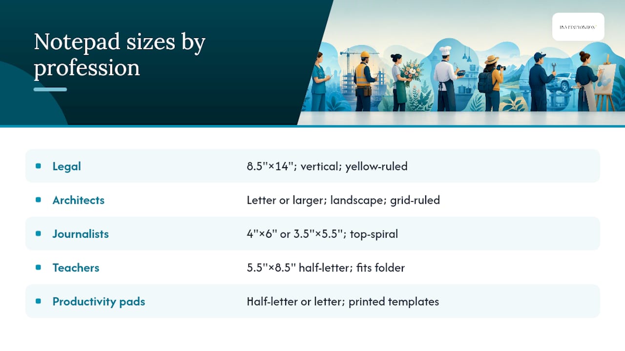 Diagram comparing notepad sizes used by different professionals