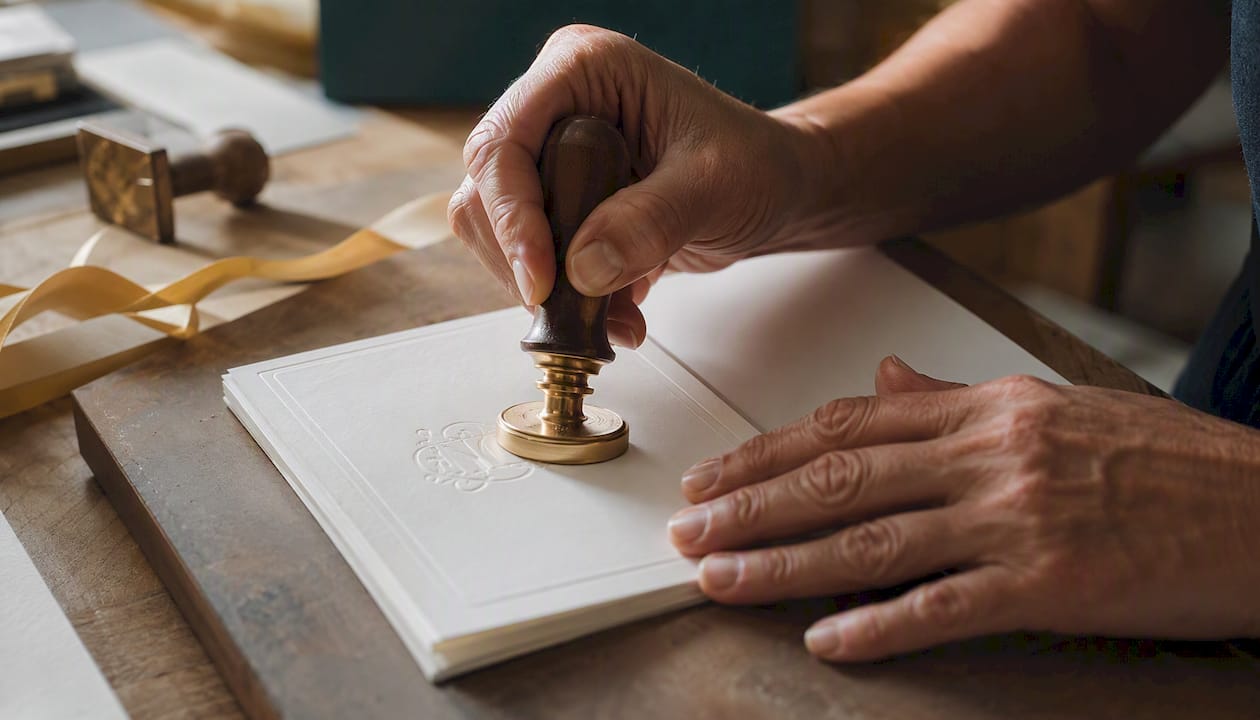 Hands embossing elegant wedding invitation