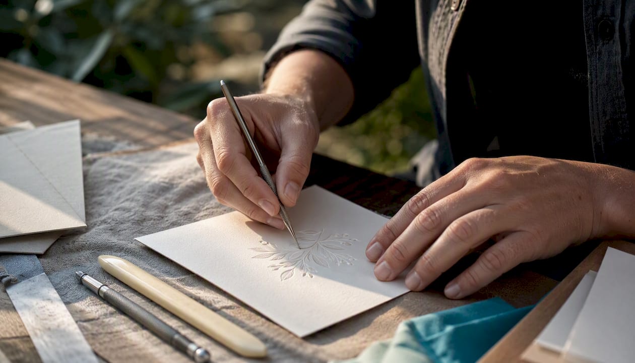 Close-up of hands embossing a paper test sample