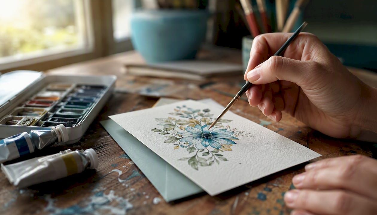 Watercolor painting over waterproof stamped design