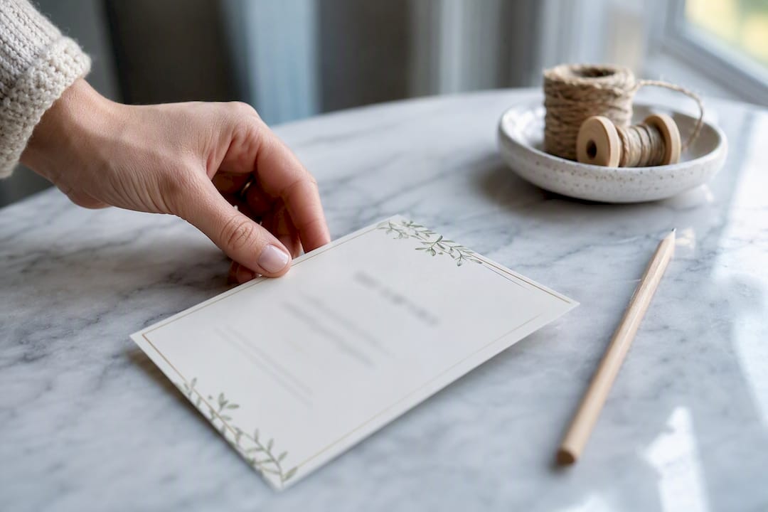 Hand placing 5x7 wedding RSVP card on table