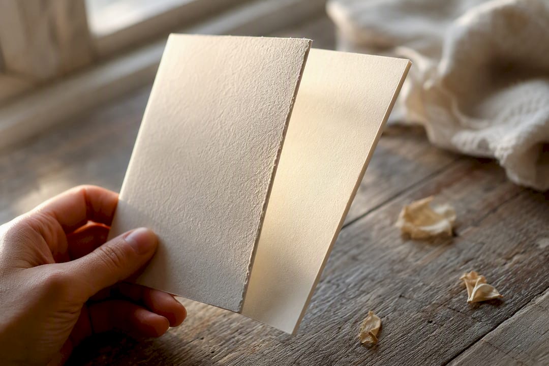 Hand holding two wedding invitation cards showing different thickness