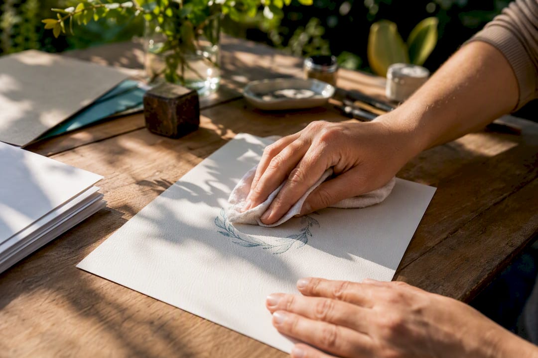 Hands gently blotting stamp smudge from paper