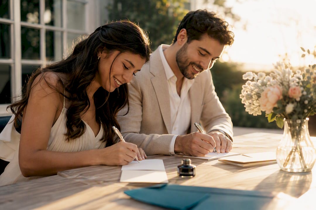 Couple signing wedding thank you notes