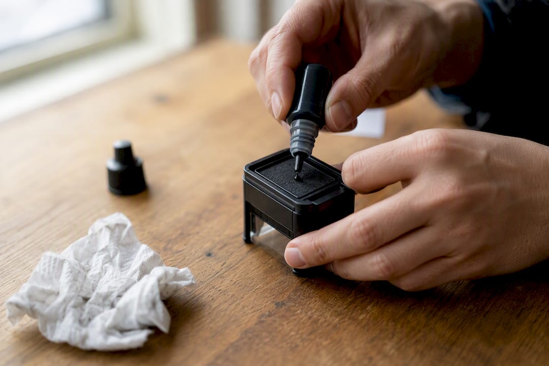 Hand applying ink drops to stamp pad