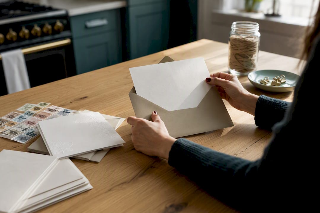 Hands placing inner envelope inside outer envelope