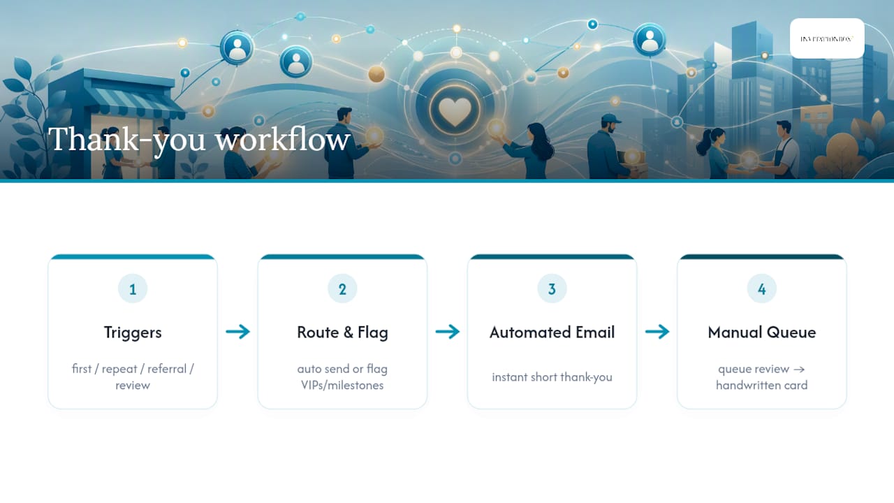 Thank-you automation and card routing workflow