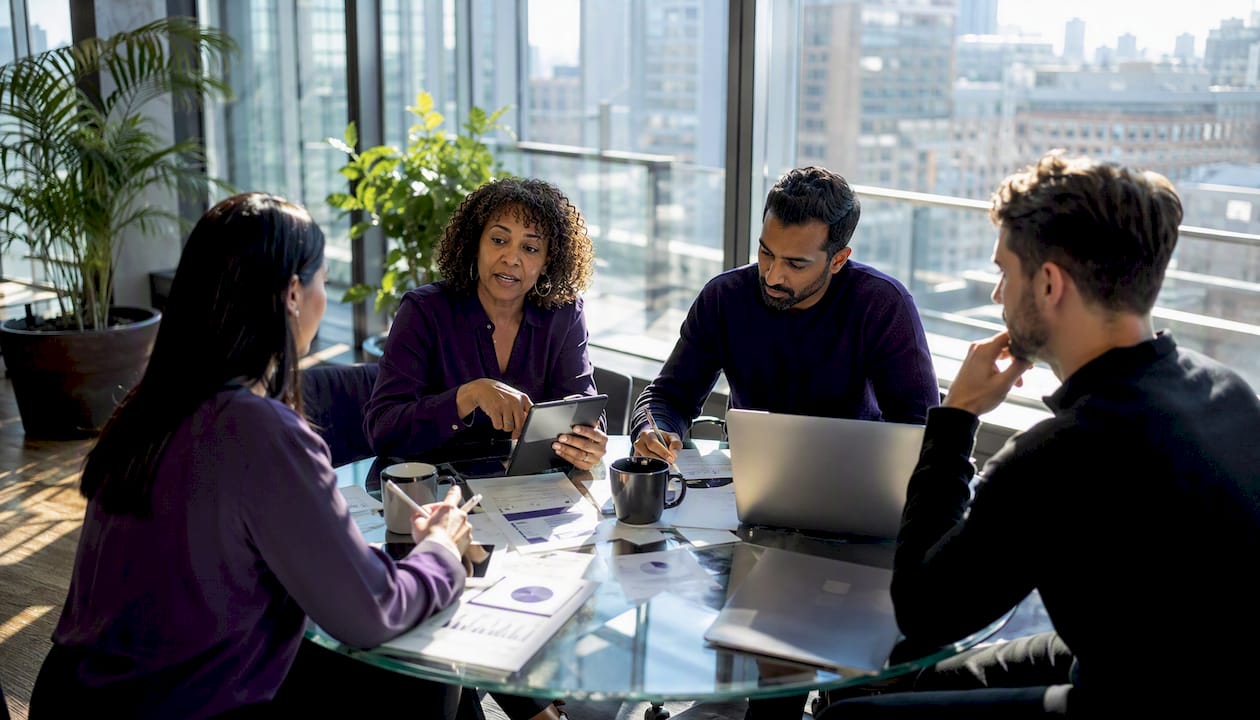 Team discussing API management in conference room