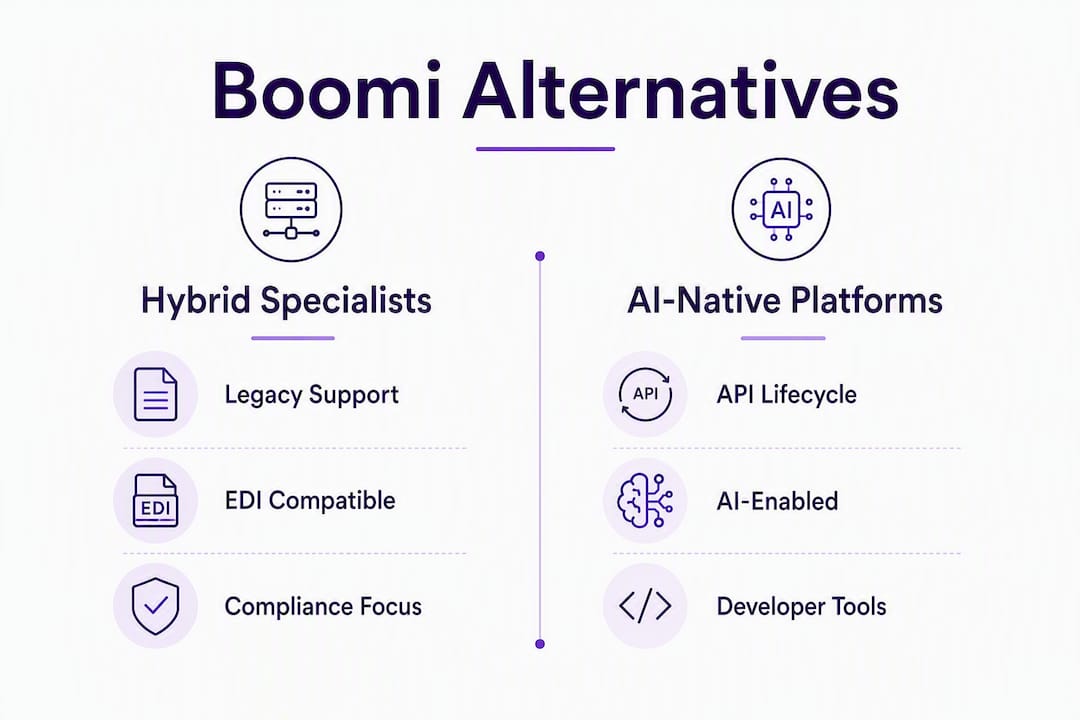 Infographic comparing Boomi alternative platform categories