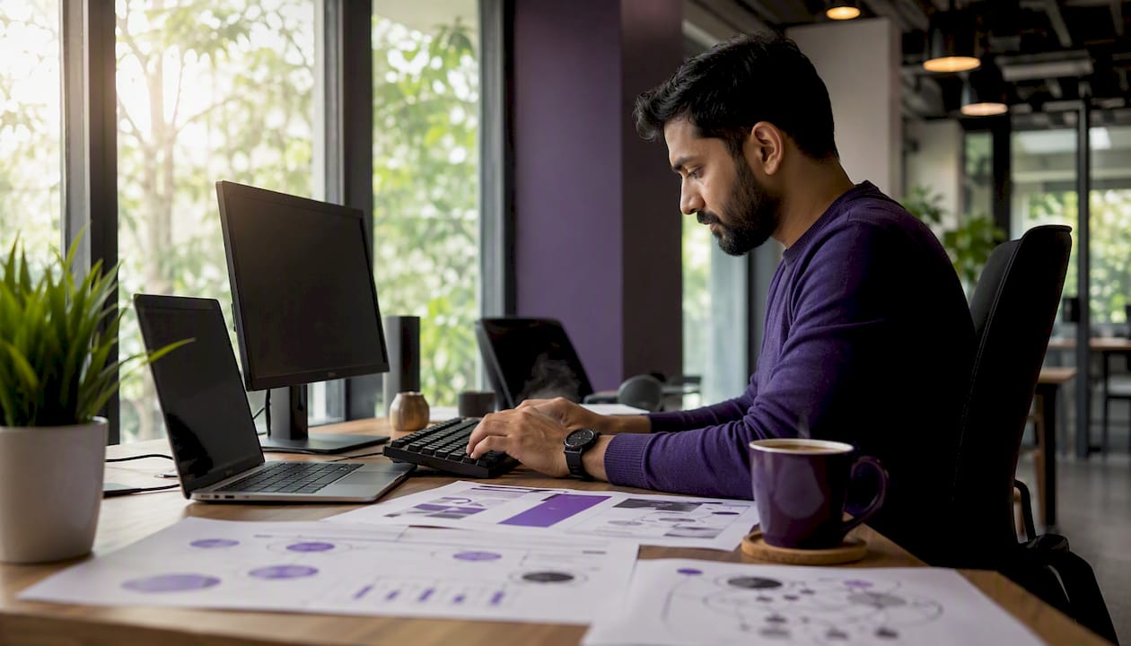Developer coding API lifecycle workflows at desk