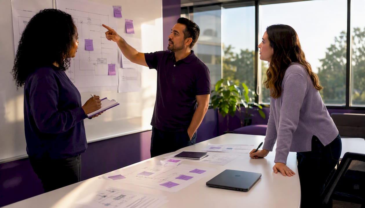 Team discussing hybrid access architecture in meeting room