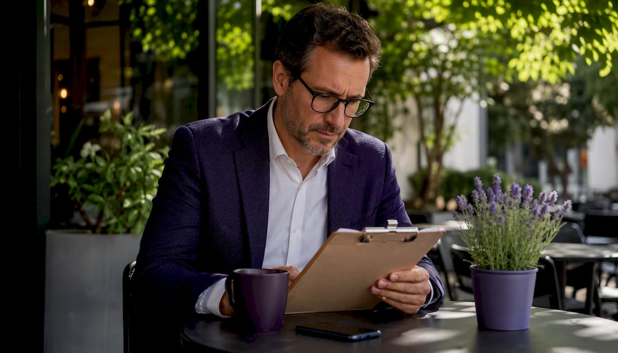 Man reviewing compliance checklist in office