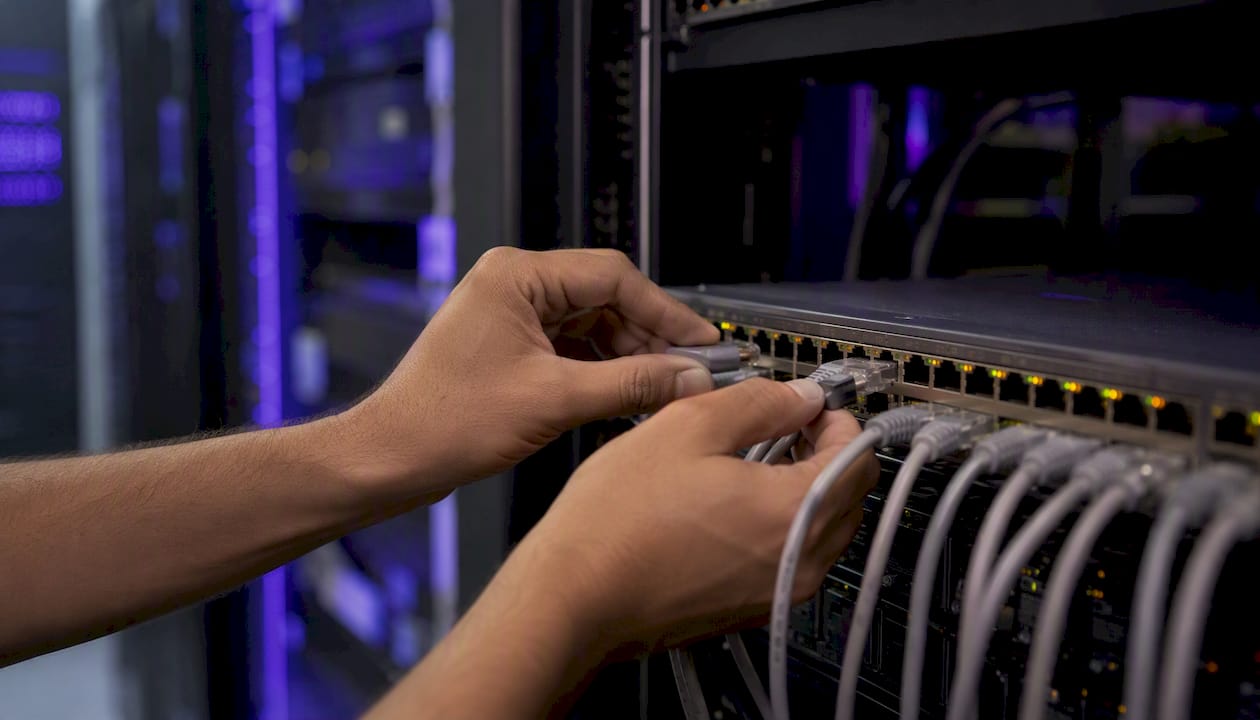 Hands plugging ethernet cable into switch