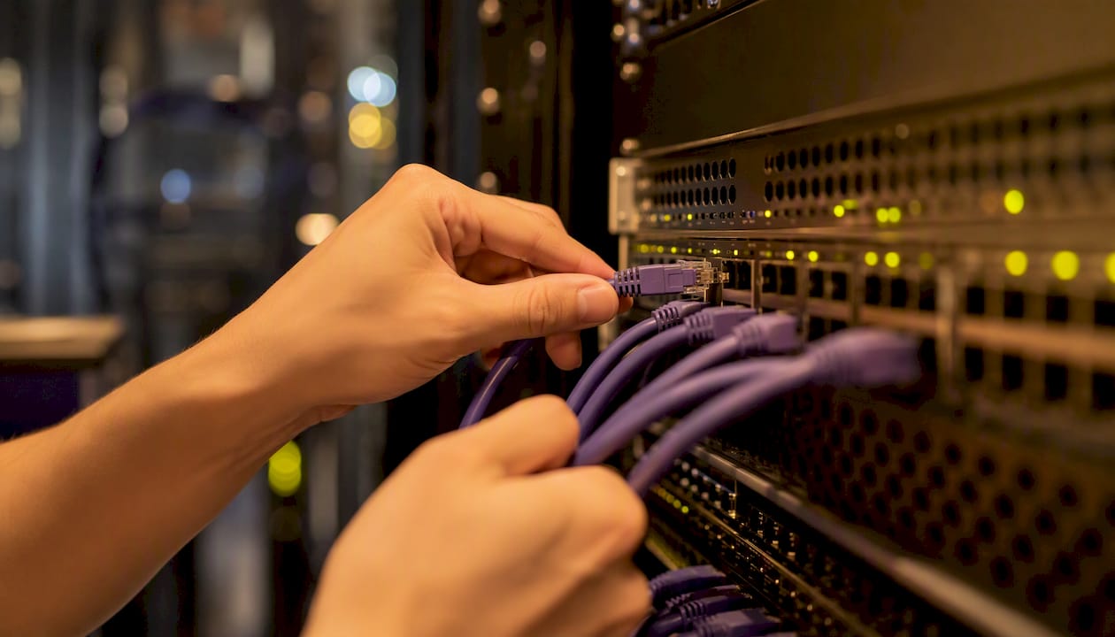 Hands wiring cables in a server room
