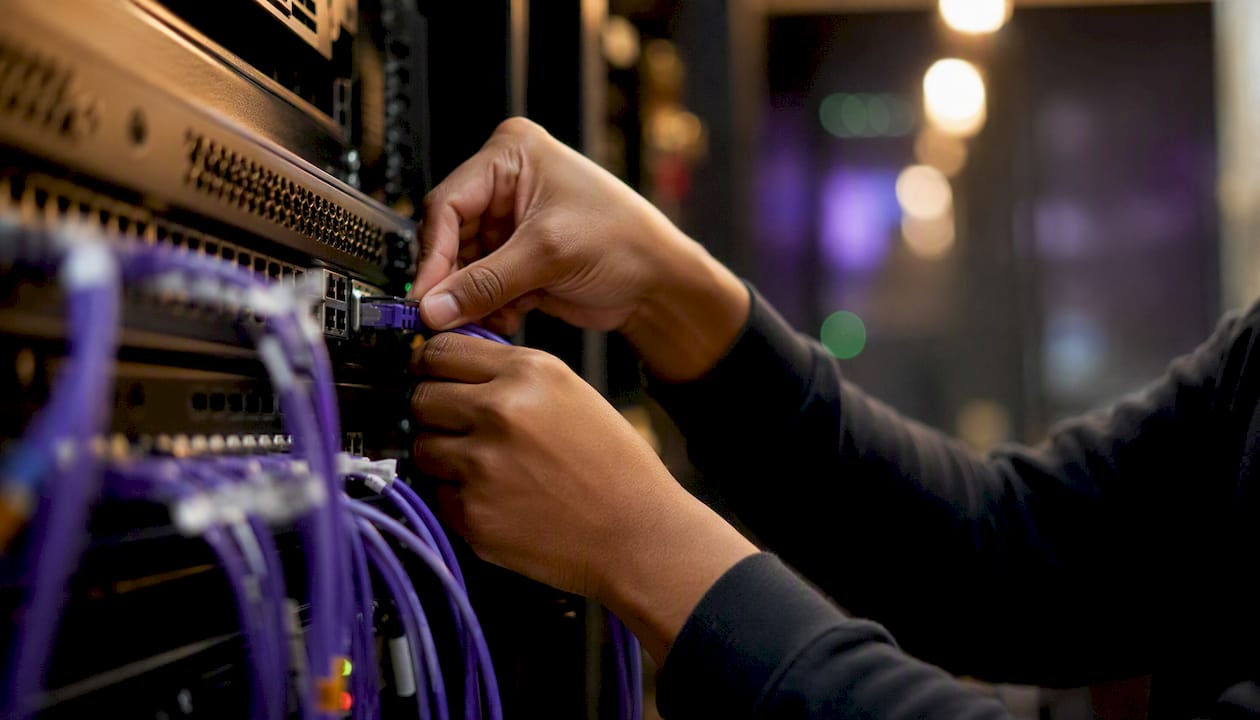 Hands connecting network cables at edge cluster